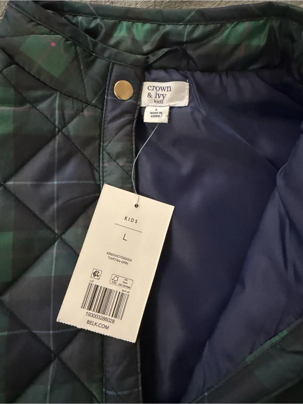 crown & ivy Girls Quilted Black and Green Plaid Vest with Gold Buttons